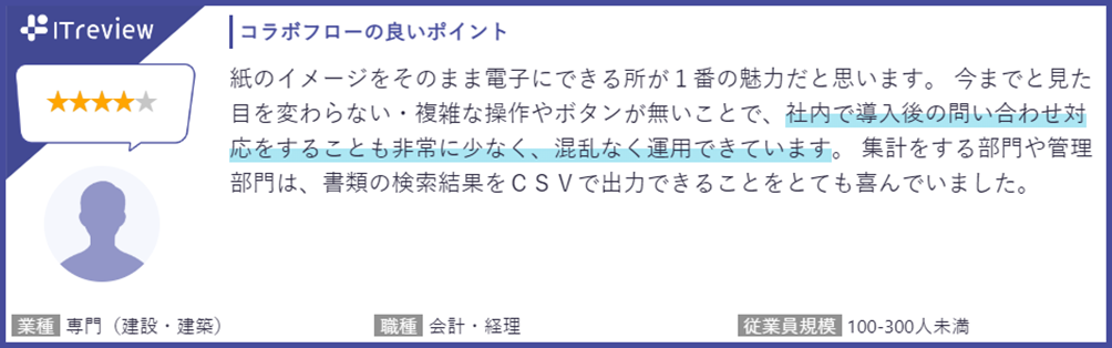 コラボフローの良いポイント
紙のイメージをそのまま電子にできる所が1番の魅力だと思います。今までと見た目を代わらない・複雑な操作やボタンが無いことで、社内で導入後の問い合わせ対応をすることも非常に少なく、混乱なく運用できています。集計をする部門や管理部門は、書類の検索結果をCSVで出力できることをとても喜んでいました。
業種：専門（建設・建築）、職種：会計・経理、従業員規模：100-300人未満